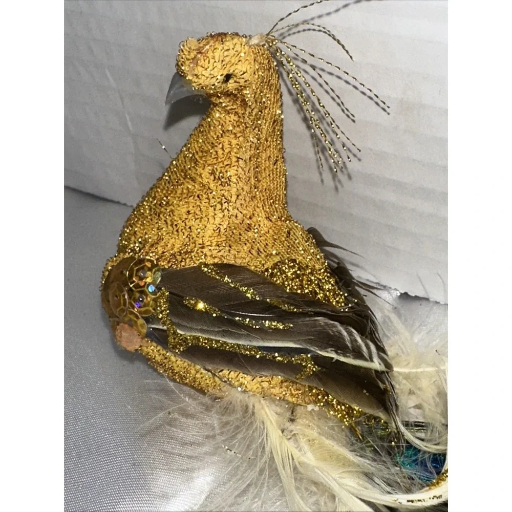 Vtg Pier One Gold Peacock Clip On Ornament Embellished Feathered Vintage Used